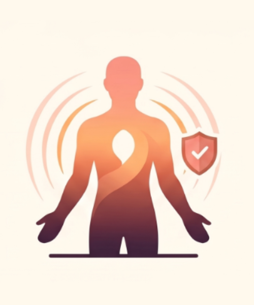 Stylised illustration of a calm person with a glowing heart centre and protective shield symbolising confidence, resilience and emotional wellbeing.