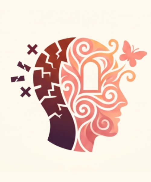 Stylised illustration of a face transforming with a butterfly, representing overcoming limiting beliefs and personal transformation.